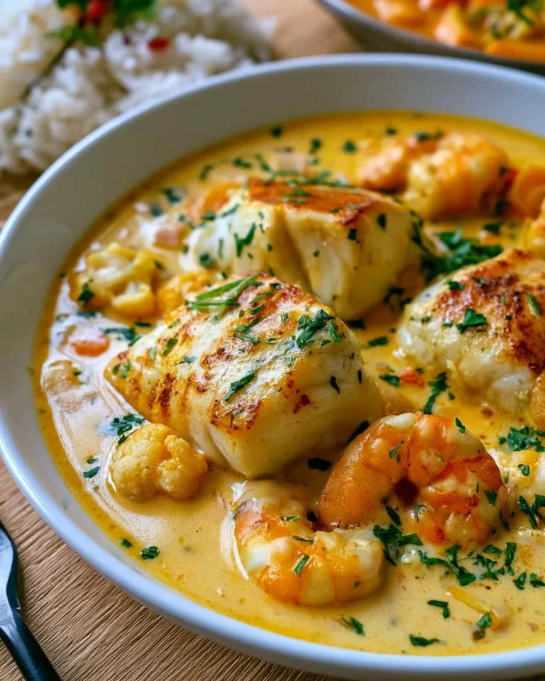 Blanquette de Poissons au Lait de Coco et Curry, un plat de fruits de mer crémeux et épicé.