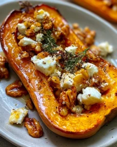 Butternut rôti au miel avec feta et noix, plat délicieux et réconfortant.