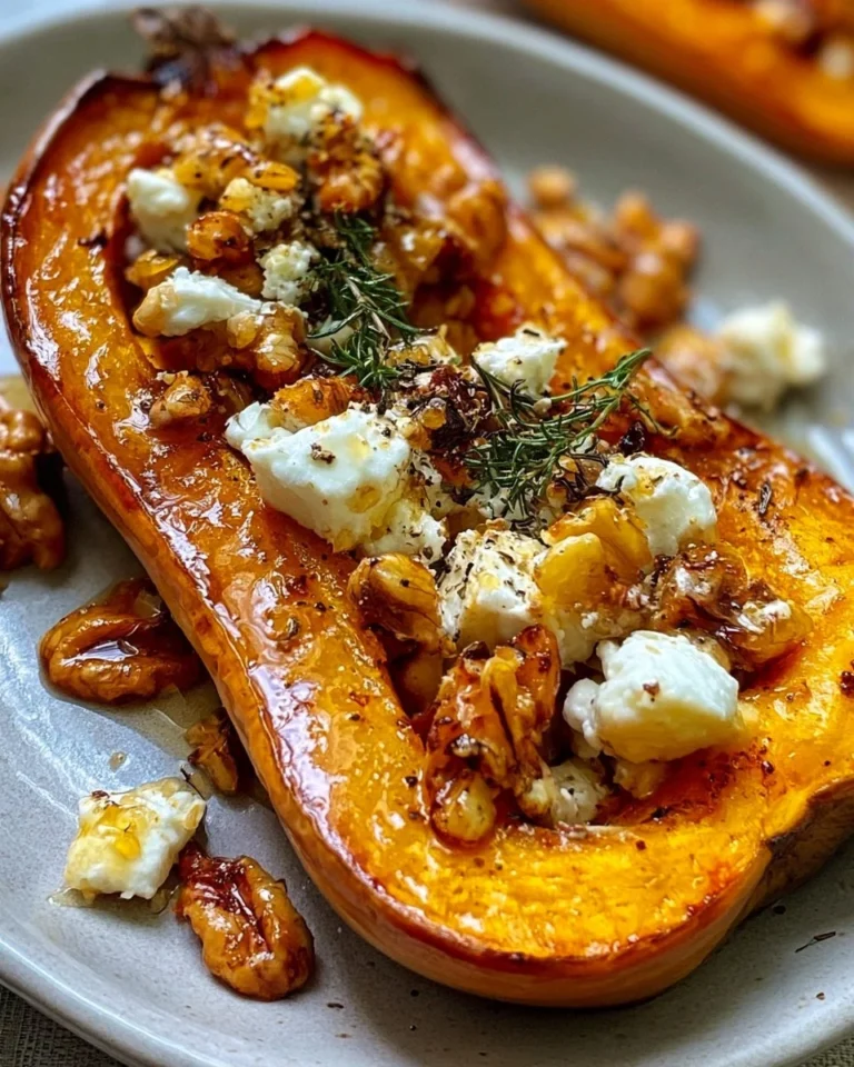 Butternut rôti au miel avec feta et noix, plat délicieux et réconfortant.