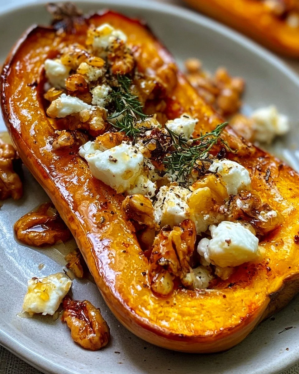 Butternut rôti au miel, feta et noix