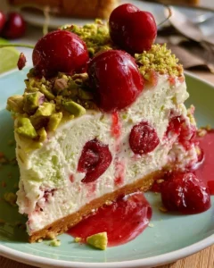 Cheesecake au citron vert, cerise et pistache sur une assiette décorée.