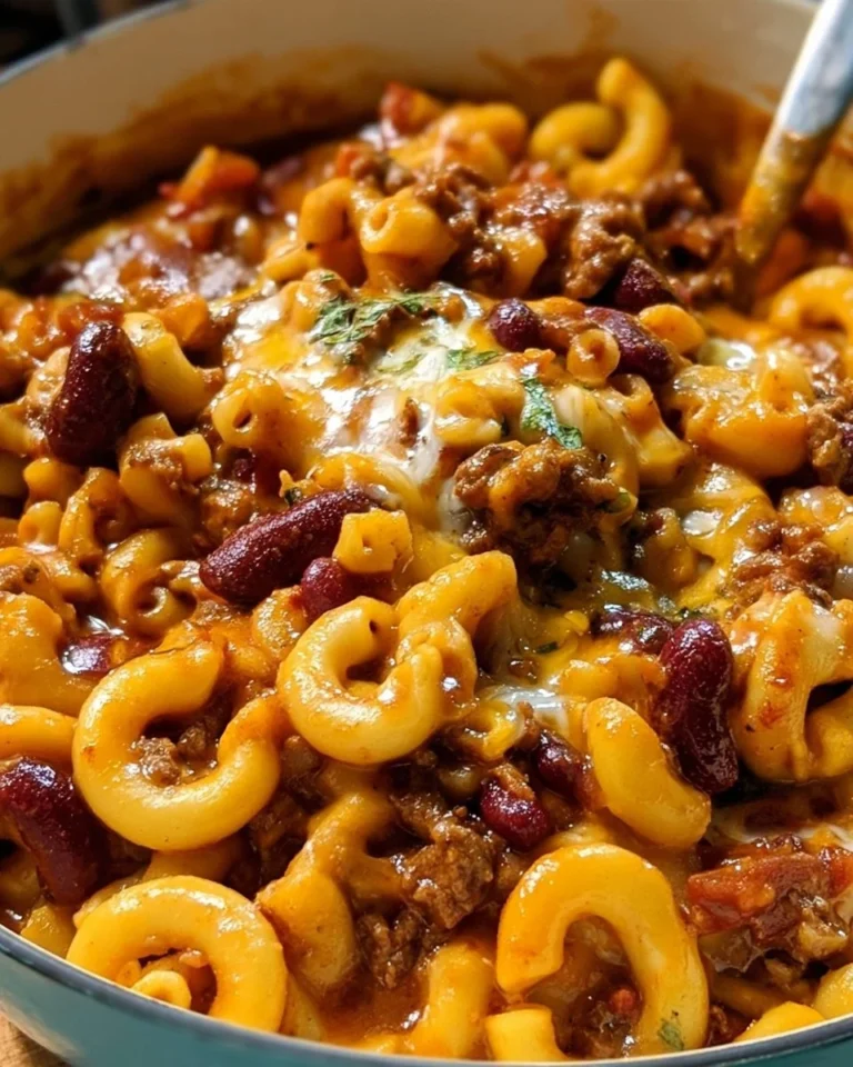 Un plat de Chili Mac savoureux avec pâtes, viande et haricots.
