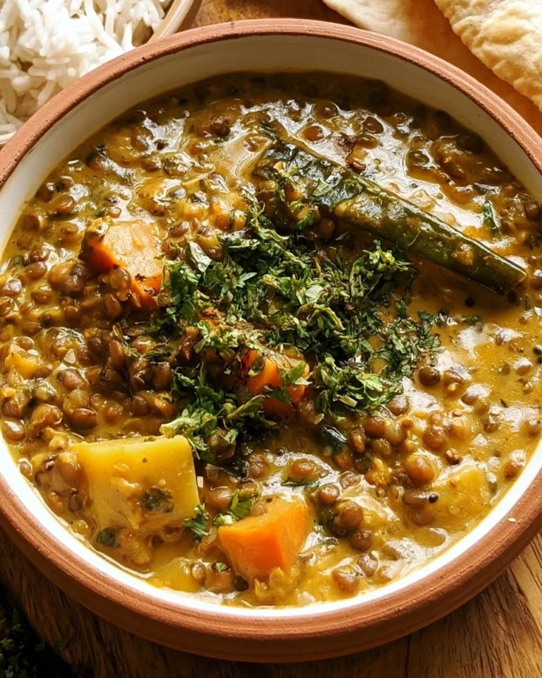 Curry de lentilles vertes au lait de coco, un plat végétarien savoureux et coloré.
