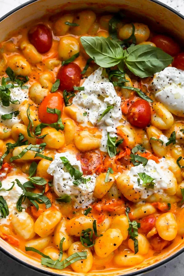 Gnocchi crémeux à la tomate et burrata, servi dans une assiette.