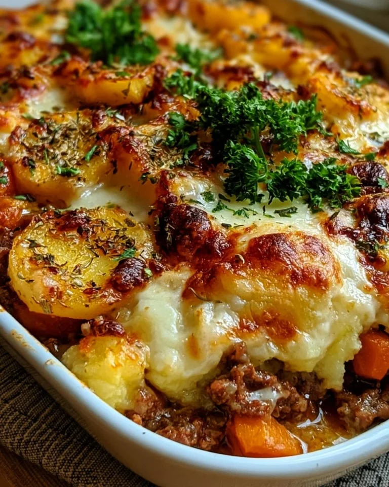 Gratin de boeuf et pommes de terre servi dans un plat en terre cuite