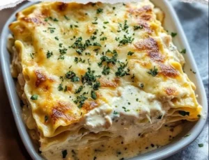 Lasagnes crémeuses au poulet avec sauce blanche garnies de fromage