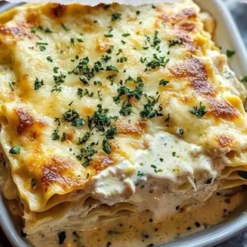 Lasagnes crémeuses au poulet avec sauce blanche garnies de fromage