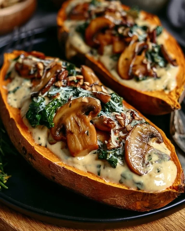Patates douces farcies avec des champignons crémeux sur une assiette