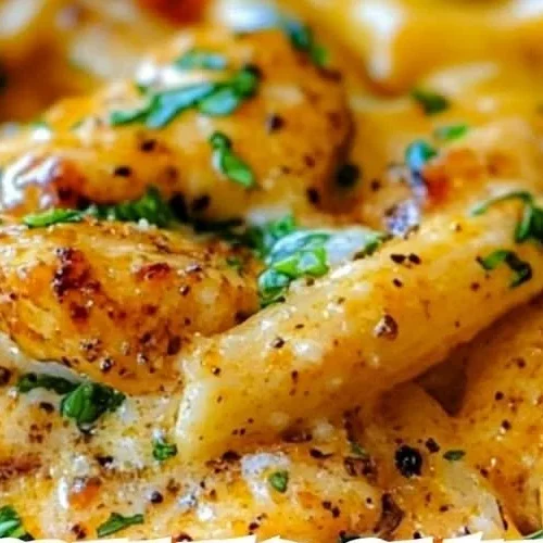 Pâtes crémeuses au poulet cajun dans une assiette garnie d'herbes fraîches.
