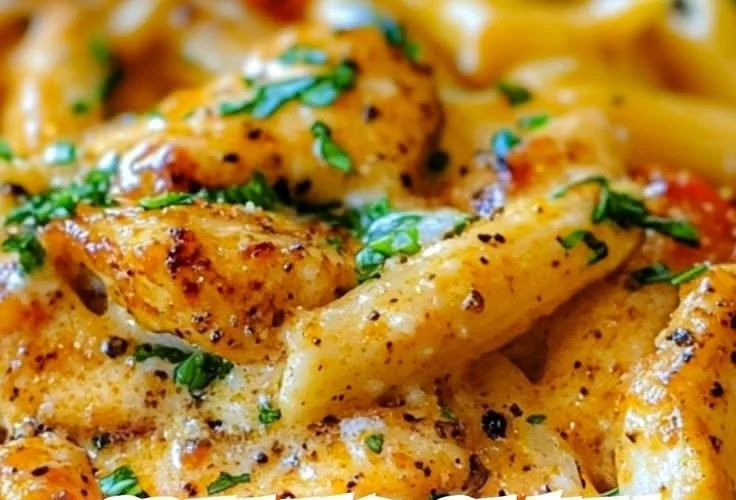 Pâtes crémeuses au poulet cajun dans une assiette garnie d'herbes fraîches.