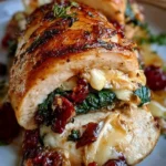 Recette de poulet farci au brie, canneberges et épinards, plat savoureux et réconfortant.