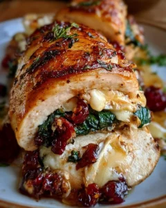 Recette de poulet farci au brie, canneberges et épinards, plat savoureux et réconfortant.