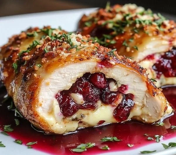 Poulet farci au brie et à la canneberge, un plat délicieux et festif.