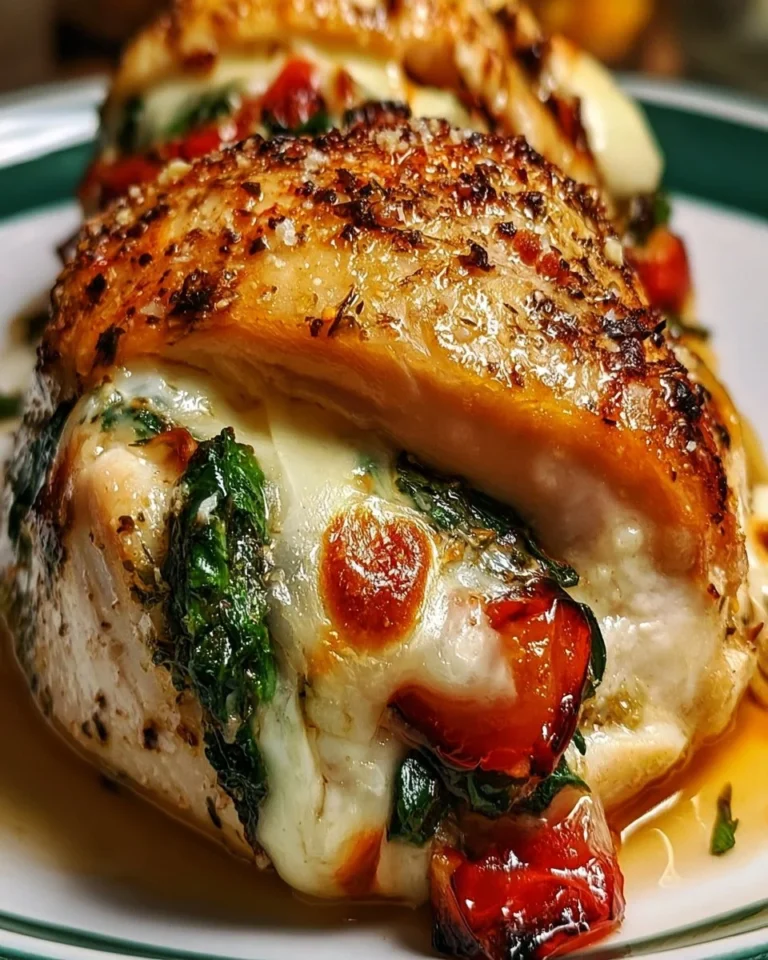 Poulet farci avec poivrons rouges rôtis, épinards et mozzarella, prêt à être dégusté