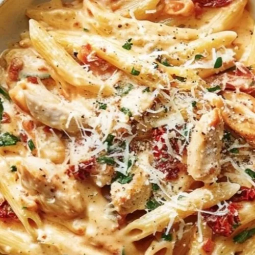 Recette de Pâtes au Poulet Marry Me délicieusement préparées dans une assiette.