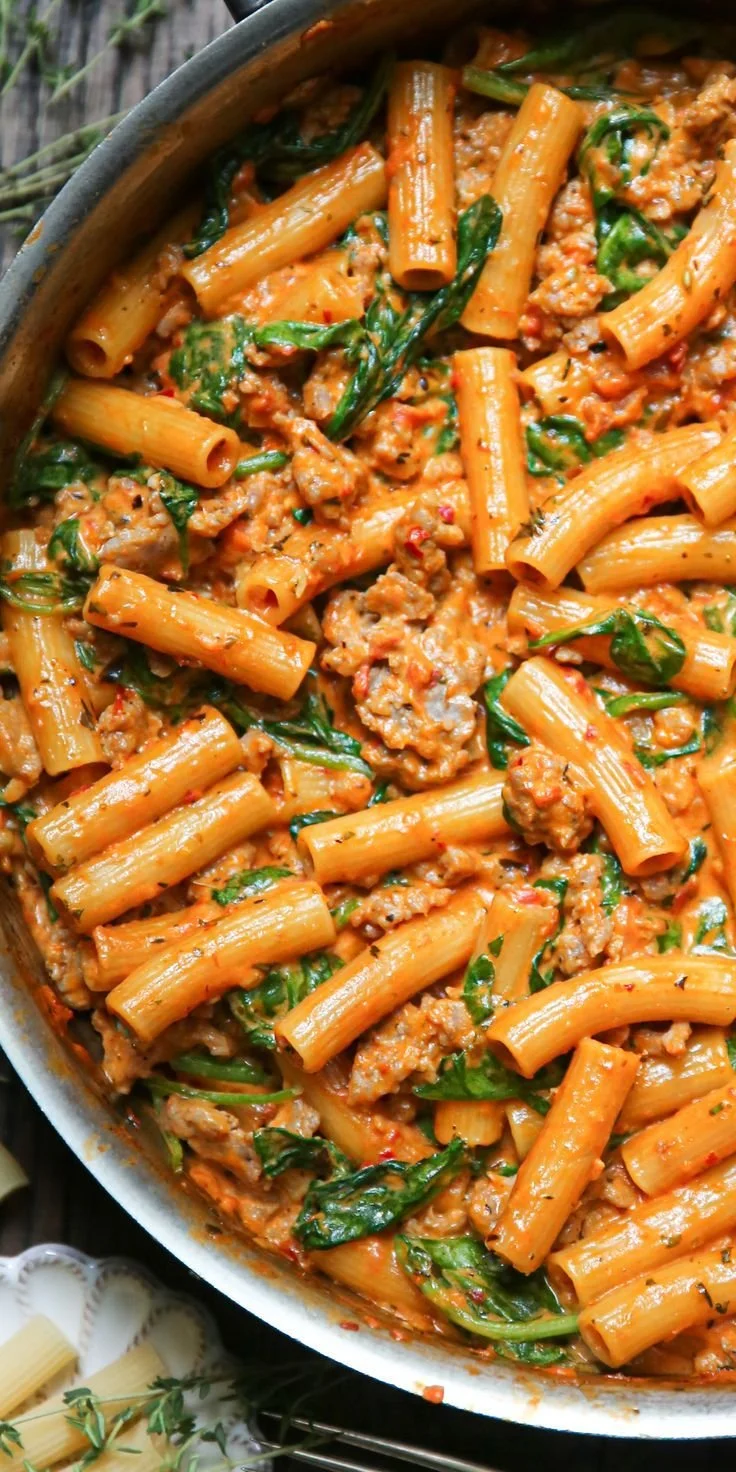 Plat de rigatoni crémeux avec saucisse, épinards et sauce tomate à la crème