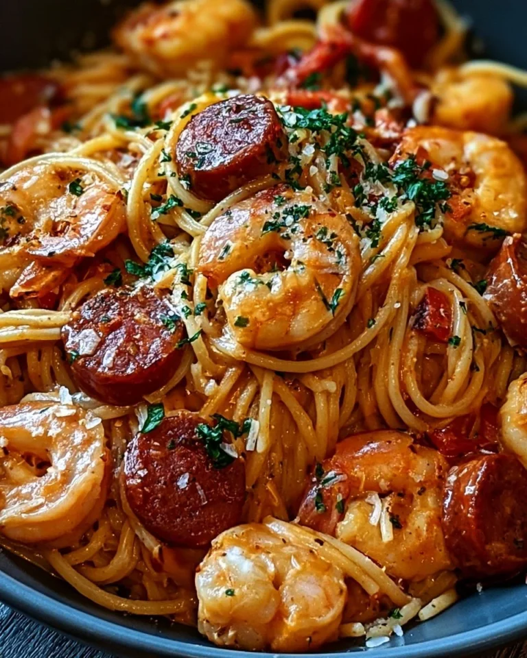 Spaghetti à la Crème de Poivron, Chorizo et Crevettes dans un plat appétissant.