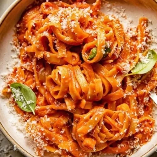 Tagliatelles à la pancetta avec basilic et mozzarella délicieusement garnies.