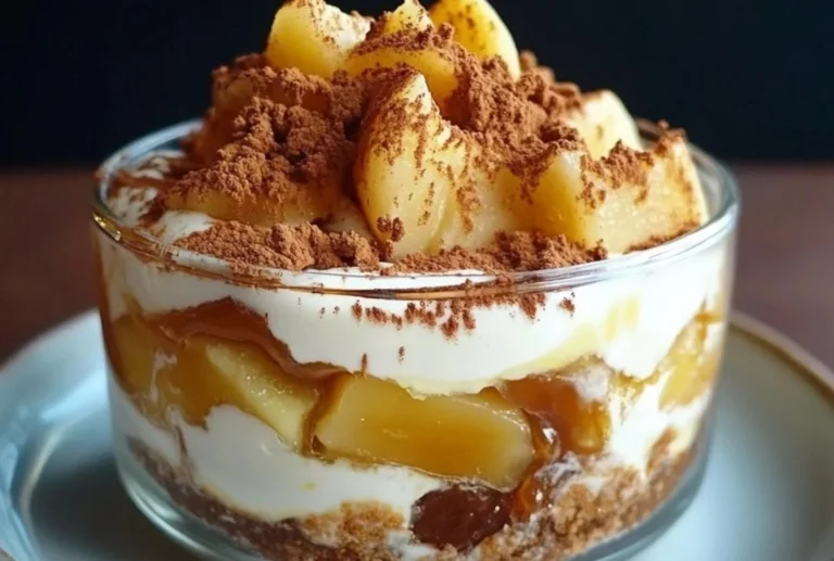 Tiramisu au caramel beurre salé et pommes poêlées, dessert gourmet et savoureux.